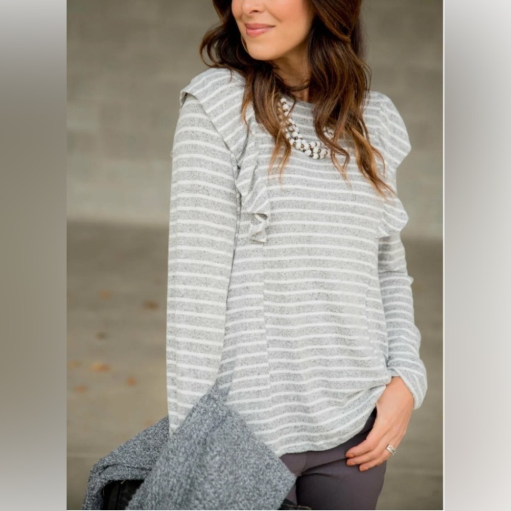 J.Crew Gray White Stripe Ruffle Sweater Size XL